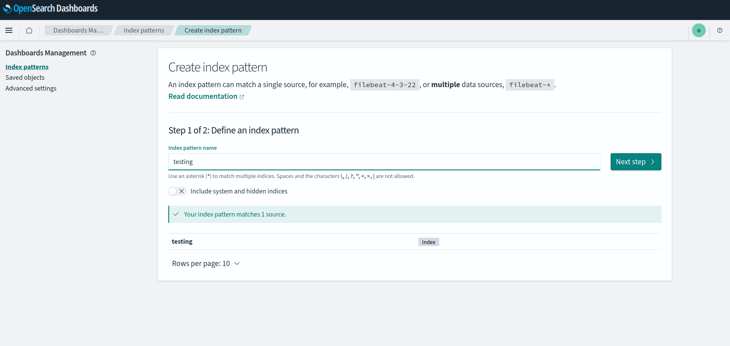 OpenSearch Dashboards - Create index pattern