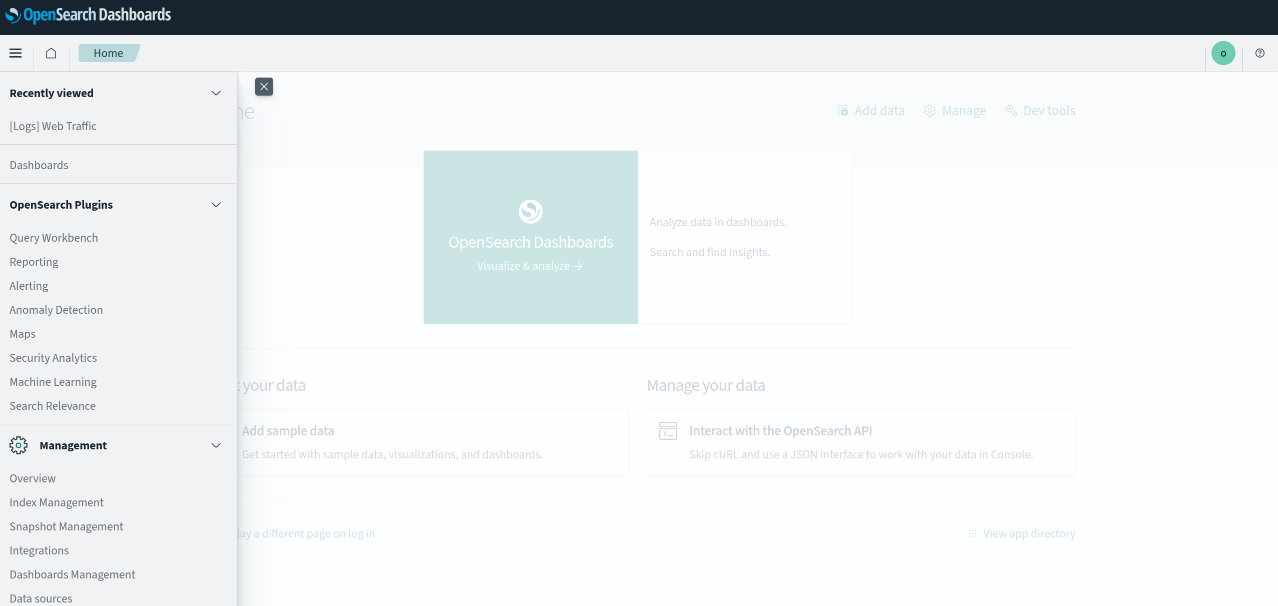 OpenSearch Dashboards - Initial view