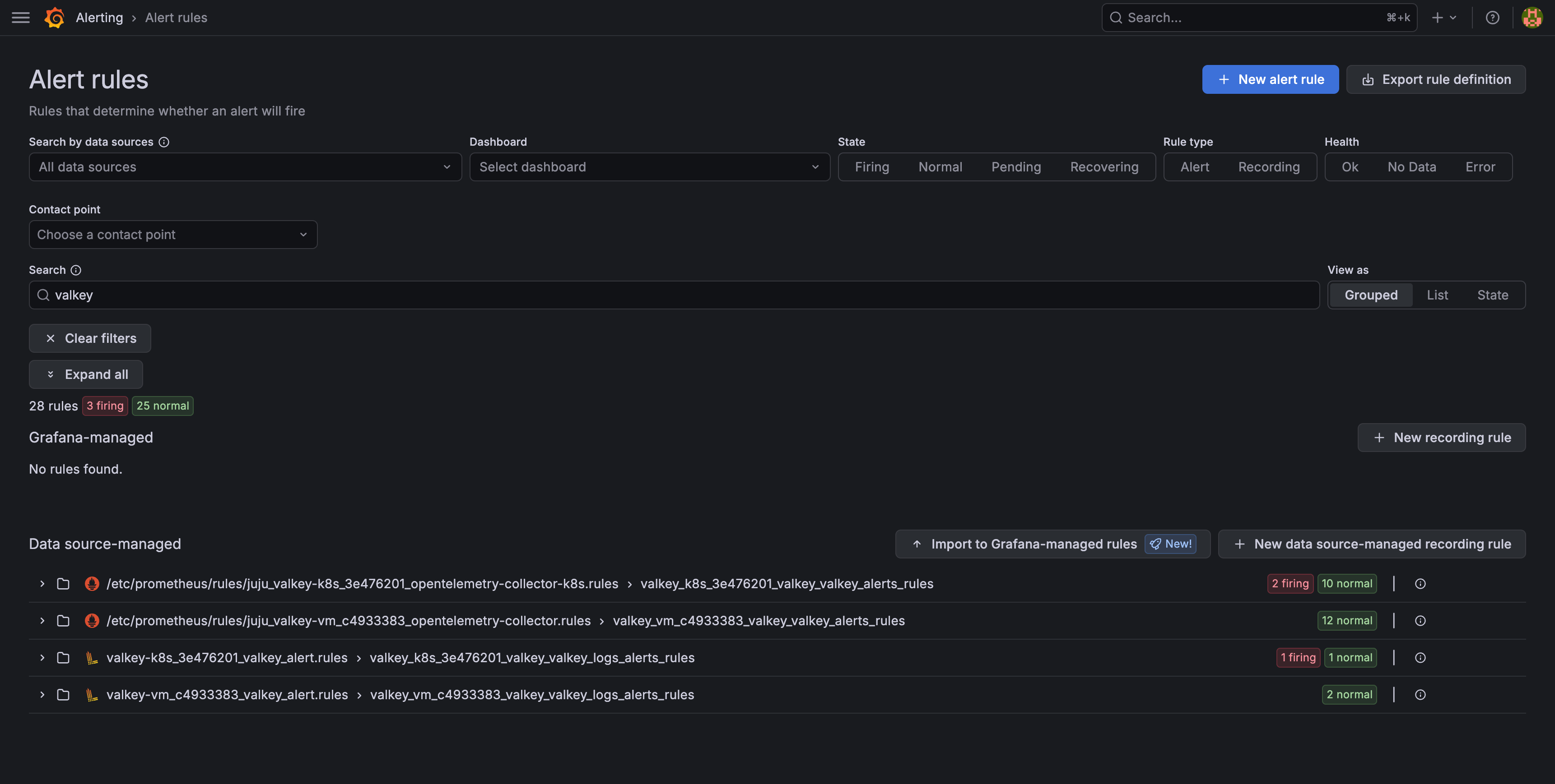 Valkey alert rules in Grafana