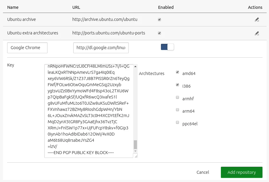 Add repository form filled in with Google Chrome repository details including GPG key and sources.list entry