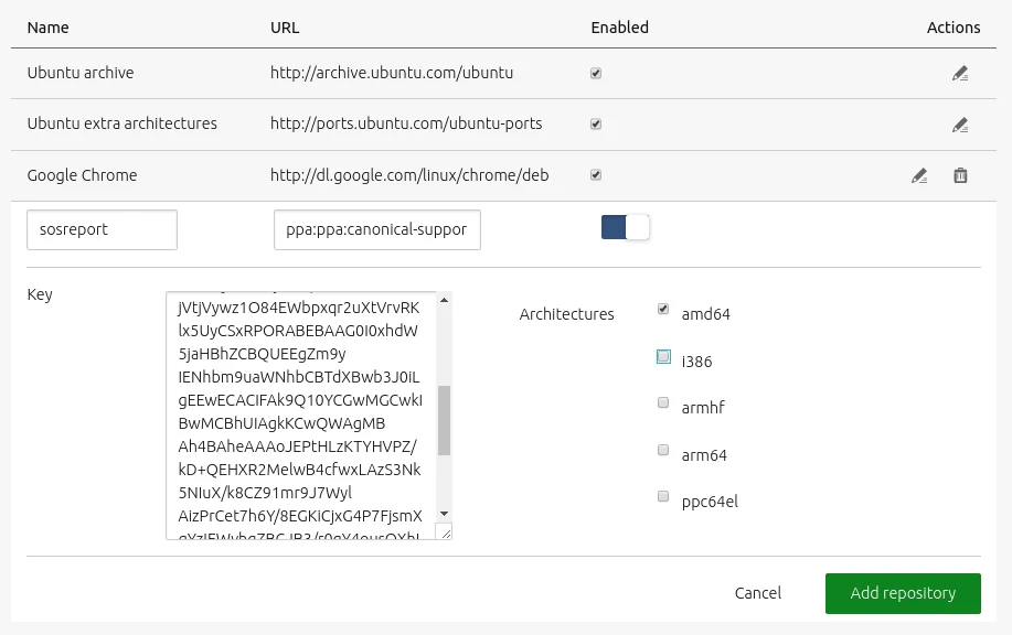 Add repository form filled in with PPA details including GPG key and repository URL