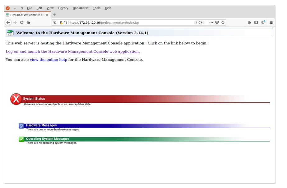 Hardware Management Console web browser application with Log on link