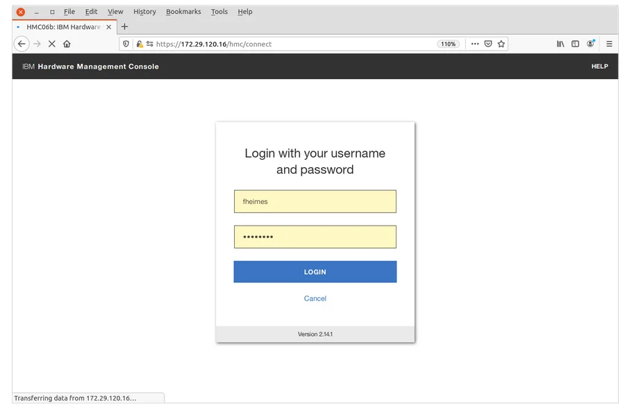 HMC login screen with username and password fields