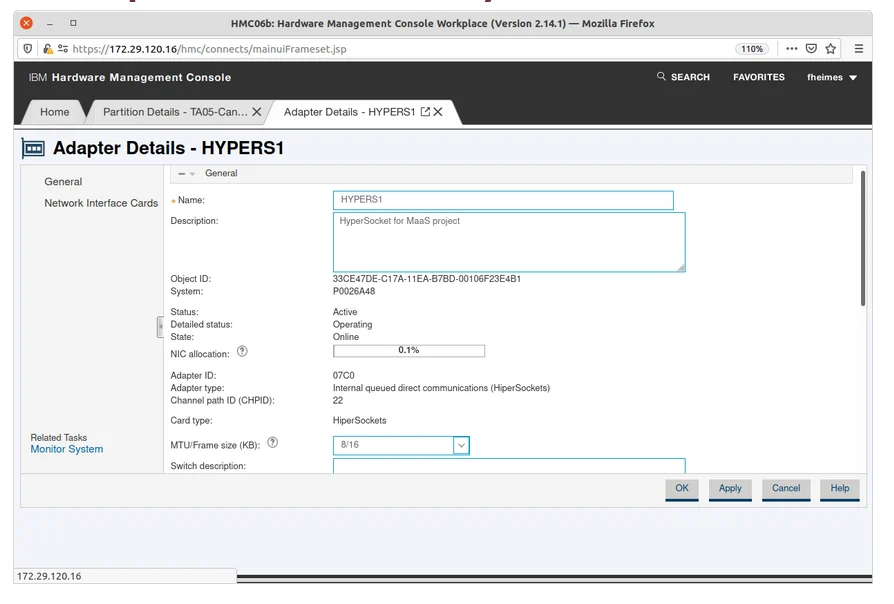 Network adapter (OSA or Hipersockets) General tab showing adapter settings