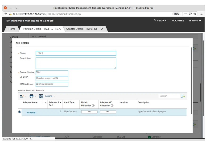NIC Details screen showing network interface card parameters