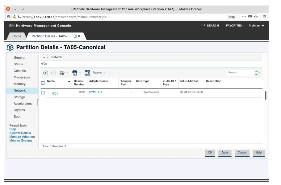 Partition Details Network tab listing NICs configured for the partition