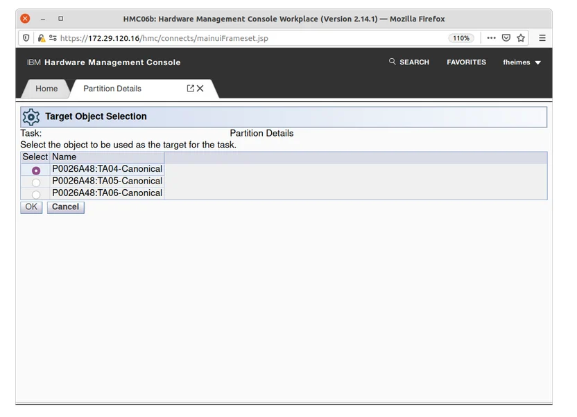 Tasks Index screen showing Partition Details option for object selection