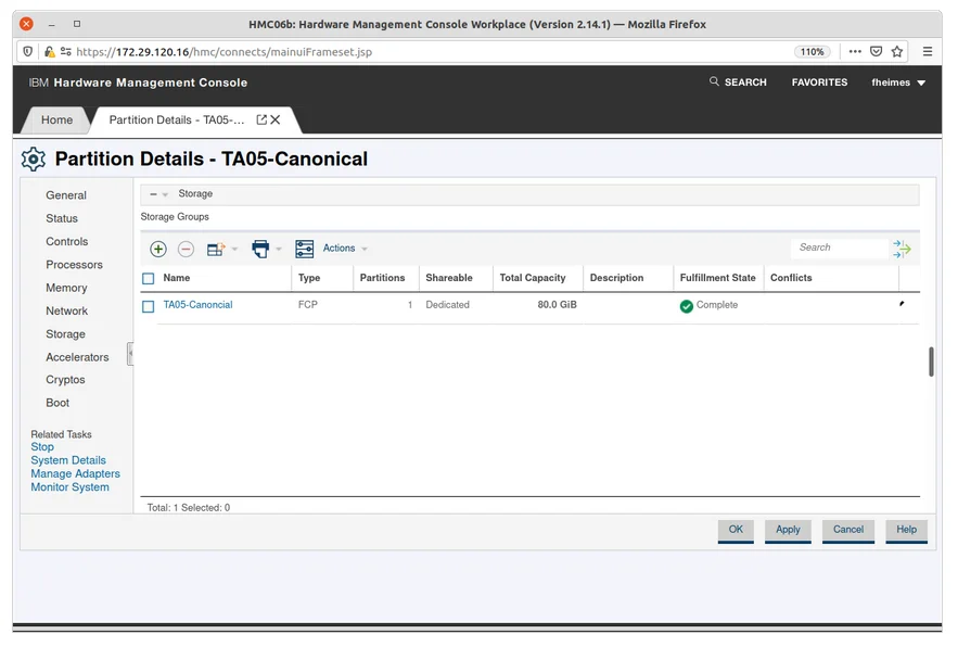 Partition Details Storage tab showing storage configuration options