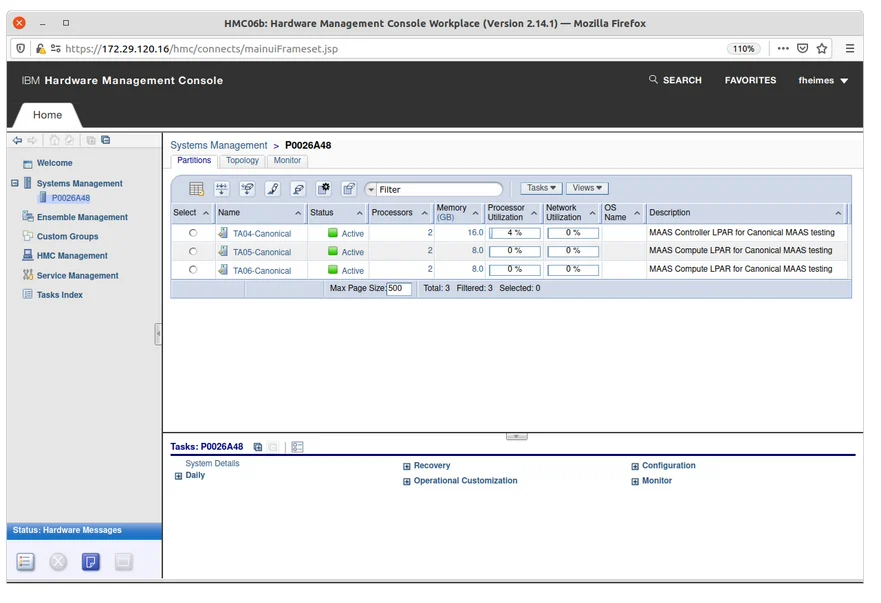 Systems management screen showing the Partitions tab with available partitions