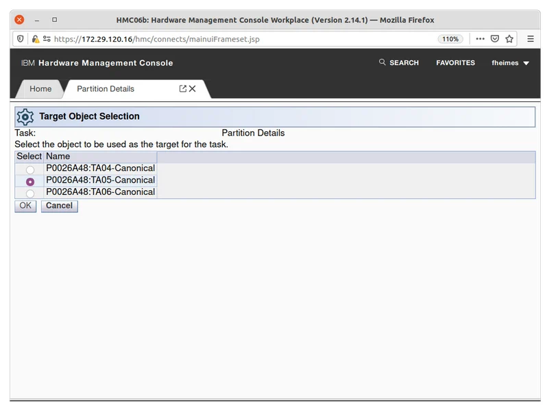 Target object selection screen with TA05 chosen as the partition to operate on