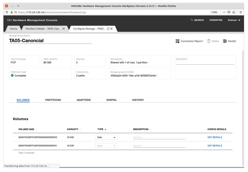Storage Volumes sub-tab with hyperlinked partition name for storage configuration